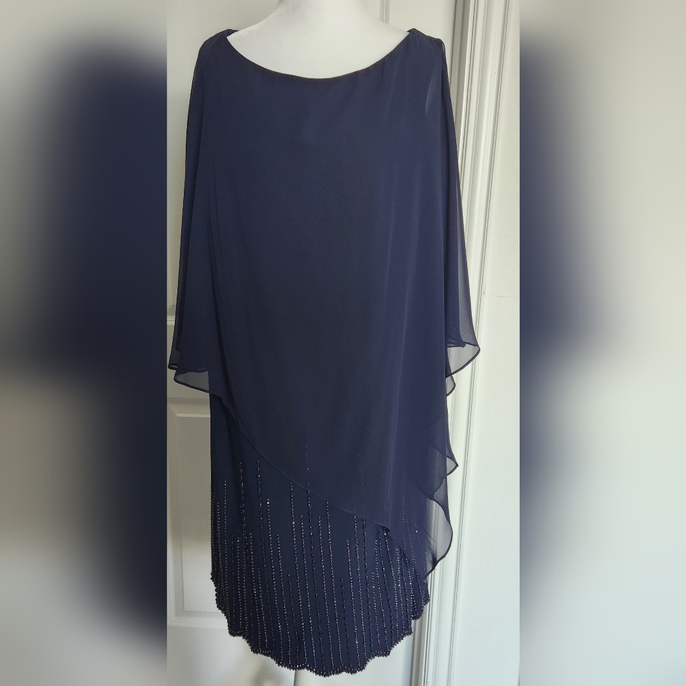 Xscape Women's Navy Plus Size Embellished Chiffon Capelet Shift Dress Size 14W